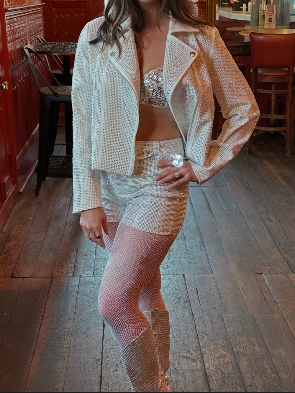 Rhinestone White Leather Moto Jacketi and shorts, with bra for phenom outfit!